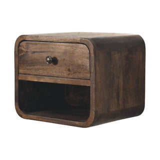 Floating nightstand side view left, dark chestnut solid wood with open shelf