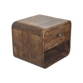 Three-quarter angled view of dark chestnut floating nightstand
