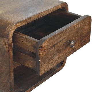 Floating nightstand with drawer open showing solid wood interior