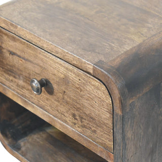 Top surface and wood grain close-up of dark chestnut floating nightstand
