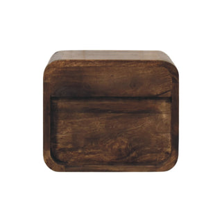 Rear view of dark chestnut floating nightstand showing back panel and wall-mount slot
