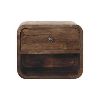Dark chestnut solid wood floating nightstand front view, one drawer and open shelf below