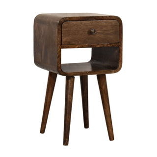 Dark chestnut nightstand side view right showing tapered legs and open slot detail
