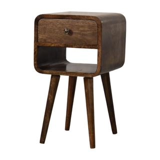 Dark chestnut nightstand side view left showing tapered legs and rounded body