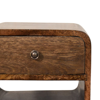 Dark chestnut nightstand front close-up showing drawer knob and open slot below