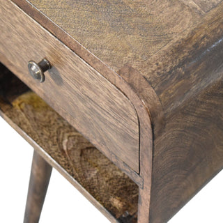 Dark chestnut nightstand top surface and wood grain close-up