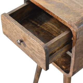 Dark chestnut nightstand with drawer open showing solid wood interior