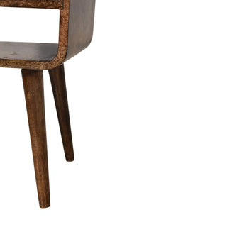 Dark chestnut nightstand three-quarter angled view showing tapered legs and open slot