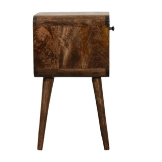 Rear view of dark chestnut nightstand showing back panel and solid wood construction