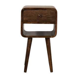 Dark chestnut solid wood nightstand front view, one drawer and open slot below on tapered legs