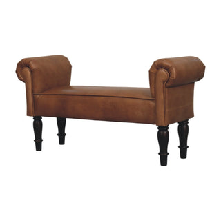 Angled view of Rova Entryway Bench Cognac Buffalo Leather Rolled Arms Dark Turned Legs