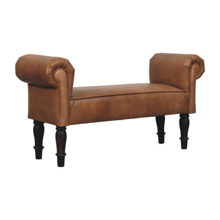 Front view of Rova Entryway Bench Cognac Buffalo Leather Rolled Arms Dark Turned Legs