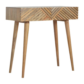 Side angle view of Rovi Console Table with Drawers Carved Chevron Mango Wood Oak