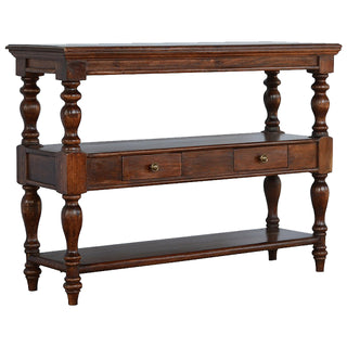 Side angle view of Rowan Console Table with Storage Triple Shelf Single Drawer Bold Turned Legs Dark Walnut