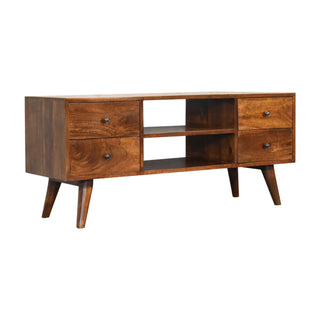 Side angle view of Rowan Media Unit Chestnut Mango Wood Four Drawers Backless Centre Shelf with Nordic Legs