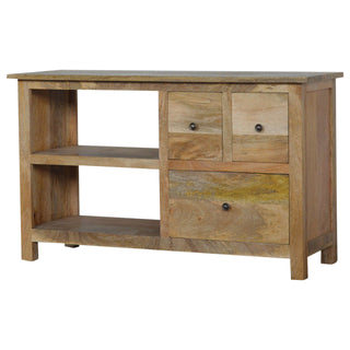 Side angle view of Rowan Media Unit Oak Finish Triple Drawers Cable Management Shelf