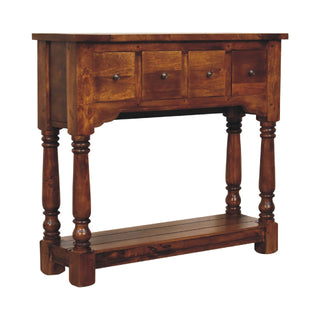 Side angle view of Rowan Narrow Console Table with Drawers Chestnut Turned Legs Open Shelf
