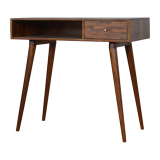 Side angle view of Rowan Writing Desk Mango Wood Mixed Patchwork Drawer Dark Chestnut Lacquer