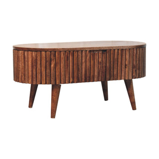 Side angle view of Runo Oval Coffee Table Solid Mango Wood Stave Wrapped Lift Top Mokka