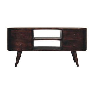 Side angle view of Sable Media Unit Dark Walnut Mango Wood Wave-Shaped Rounded Body Four Drawers with Nordic Legs