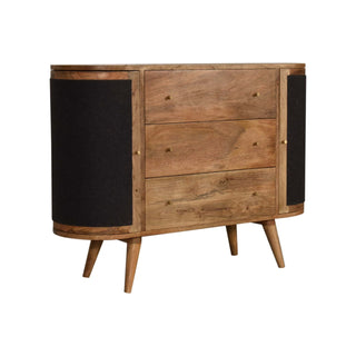 Side angle view of Sable Sideboard Cabinet Black Woven Panel Doors Three-Drawer Natural Oak