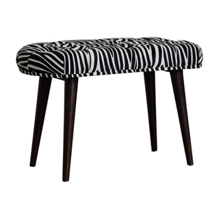 Angled view of Sable Upholstered Bench Zebra Print Velvet Deep Button Tufted Oval Seat