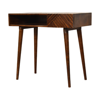 Side angle view of Sable Writing Desk Mango Wood Herringbone-Carved Drawer Dark Chestnut