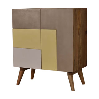 Side angle view of Saffron Sideboard Cabinet Three-Tone Mustard L-Pattern Hand-Painted with Drawers