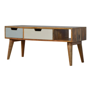 Side angle view of Sage Media Unit Walnut Mango Wood Hand Spray-Painted Green and White Gradient Drawers with Nordic Legs