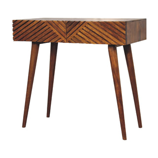 Side angle view of Savio Console Table with Drawers Carved Chevron Chestnut Mango Wood