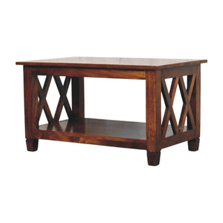 Side angle view of Saxon Coffee Table Solid Mango Wood Double X-Frame Sides Lower Shelf Chestnut