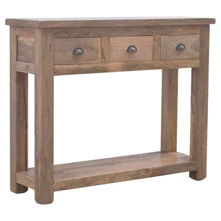 Side angle view of Saxon Hallway Console Table with Drawers Farmhouse Mango Wood Shell Handles