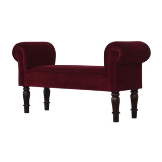 Angled view of Scarlett Bedroom Bench Wine Red Velvet Scroll Arms Turned Dark Walnut Legs