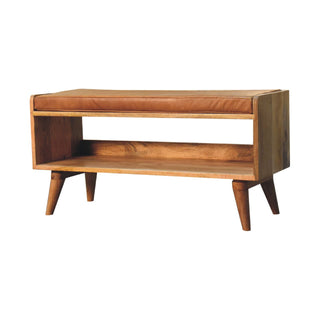 Side angle view of Scout Shoe Bench Solid Mango Wood Tan Leather Seat Pad Open Shelf Mid-Century Legs