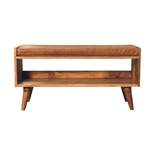Front view of Scout Shoe Bench Solid Mango Wood Tan Leather Seat Pad Open Shelf Mid-Century Legs