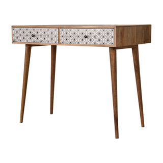 Side angle view of Seren Console Table with Drawers Geometric Print Tapered Legs