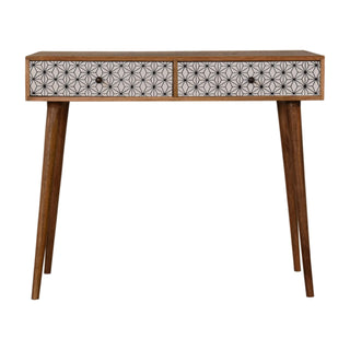Front view of Seren Console Table with Drawers Geometric Print Tapered Legs