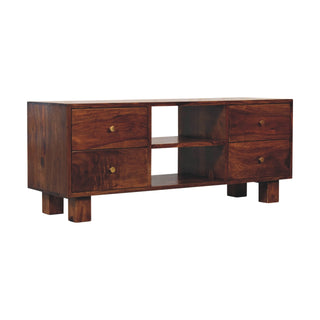 Side angle view of Seren Media Unit Sheesham Wood Chestnut Finish Four Drawers Brass Knobs