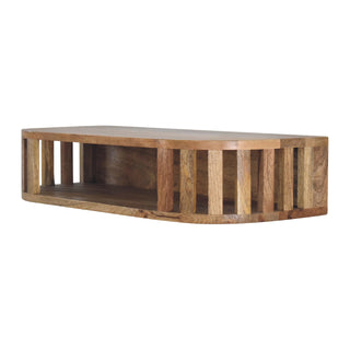 Shoji Wall-Mounted Console Table Oak Japanese Slatted Open Shelf Mango - side angle view