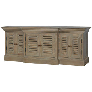 Side angle view of Shore TV Media Unit Grey-Washed Mango Wood Six French Shutter Cabinet Doors with Plinth Base