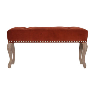 Front view of Sienna Bedroom Bench Rust Velvet Button Tufted Antique Brass Studs French Cabriole Legs