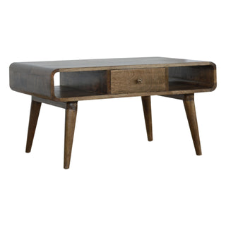 Side angle view of Slate Coffee Table with Drawer Open Loop Ends Mango Wood Grey Washed