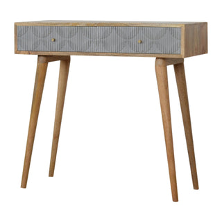 Side angle view of Slate Hallway Console Table with Drawer Grey Hand-Carved Linen Front