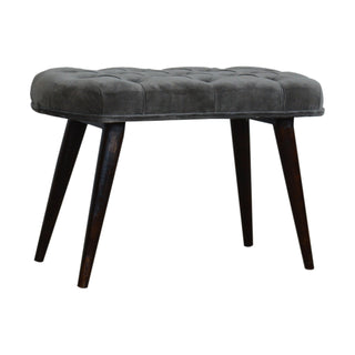 Angled view of Slate Upholstered Bench Grey Velvet Deep Button Tufted Compact Rectangular Nordic Legs