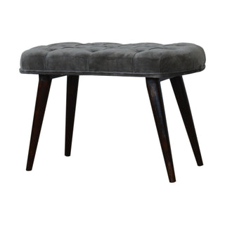Front view of Slate Upholstered Bench Grey Velvet Deep Button Tufted Compact Rectangular Nordic Legs
