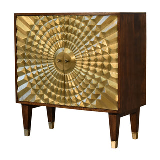 Side angle view of Solaris Display Cabinet Gold Brass Embossed Sunburst Chestnut Twin-Door