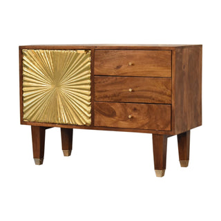 Side angle view of Solaris Small Sideboard with Brass Sunburst Door and Tapered Legs