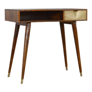 Solaris Writing Desk - brass sunrise carved drawer detail close-up