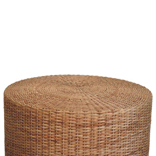 Side angle view of Soleil Round Rattan Coffee Table Fully Woven Low Profile Drum Natural