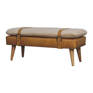 Angled view of Solen Bedroom Bench Bouclé and Tan Leather Belted Strap Tapered Wood Legs